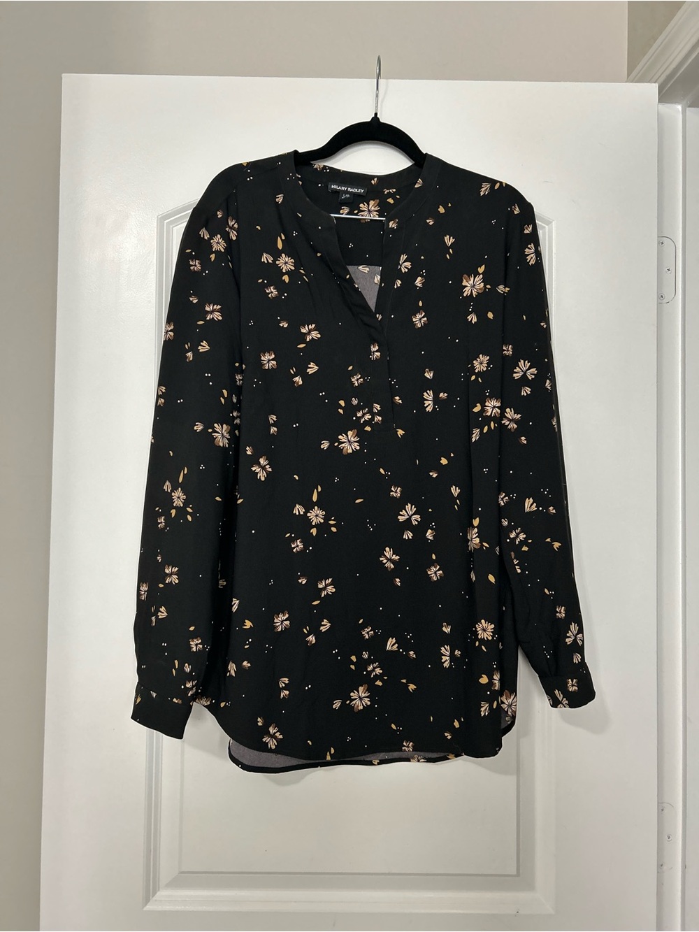Hilary Radley Black Floral Notch-Neck Long Sleeve Blouse